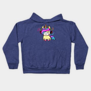 Happy smiling baby unicorn with headphones. Kawaii cartoon Kids Hoodie